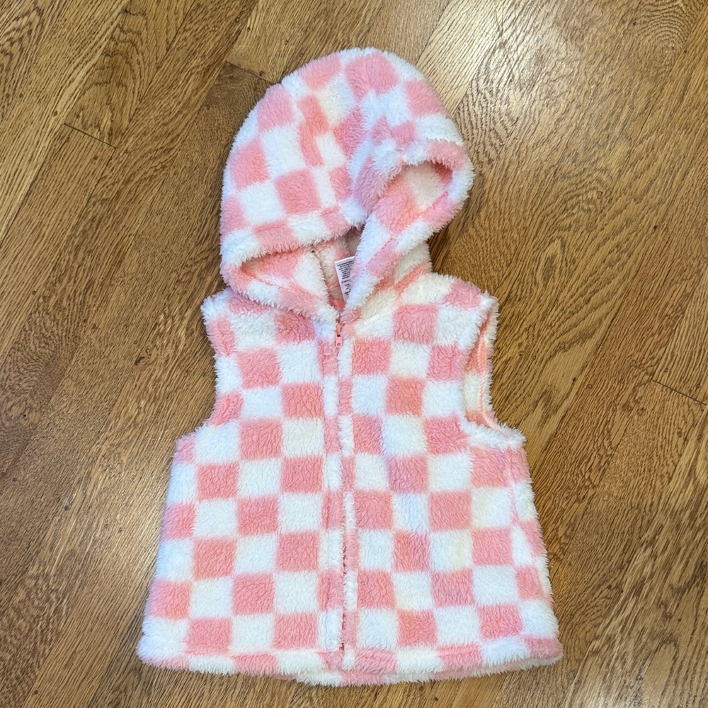 4/$20 Little Me Pink & White Checkered Fleece Vest Hoodie Gingham NWOT 24 mo 2t